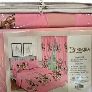Priscilla Super Soft 10 Pieces Sheet Set King Size Pink Floral Design with Matching Curtains and Backed Pcs