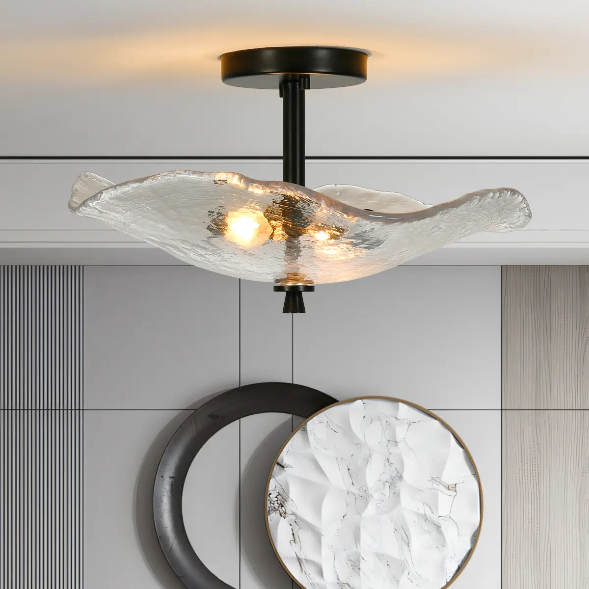 Vintage Floral Lotus Art Flush Mount LED Ceiling Lighting - Coated Black Metal, Ripple Glass Shimmer Decorative Lights, E12 Base, 16.5x13.6x8.5", 60W Max, Farmhouse Industrial, 120V AC, Easy-Install, Warm Glow LED Bulb Light for Bedroom, Dining Room