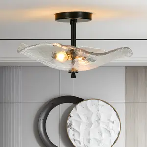 16.5x13.6x8.5 Inch Floral Lotus Leaf Semi Flush Mount Ceiling Light Black Metal Water Ripple Glass E12 Base Vintage Farmhouse Industrial Style Easy Install Indoor Ceiling Lamp for Bedroom Hallway Dining Kitchen Entryway