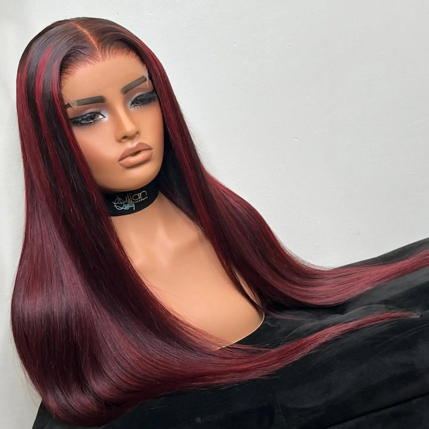 Aodbar hairs Black Hair With Burgundy Highlight Long Straight Hair 13*4 Transparent Lace Frontal Wig Heat Resistant Fiber Hair Highlight  Wig for Women