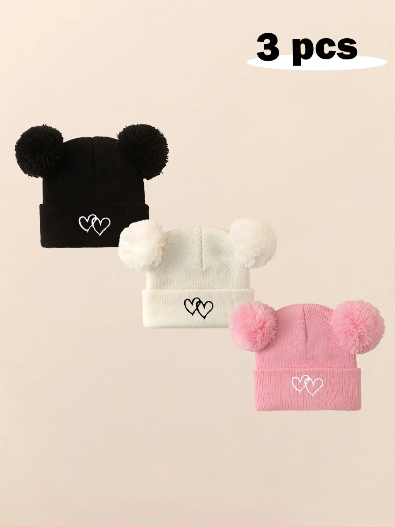3pcs Baby Girl Newborn Toddler Pom-Pom Heart Beanie Hat, Cozy Knit Winter Warm Heart Cute Hat, Outdoor Baby Accessories Bonnet, Bunny Bonnet