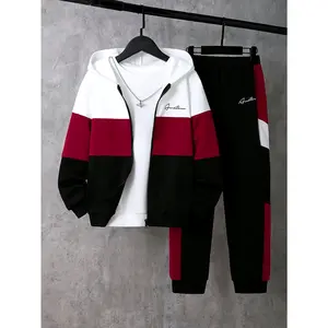 New2pcs Tween Boy Letter Graphic Colorblock Zip Up Hooded Jacket & Sweatpants Without Tee Sports Long Sleeve Top Printed Sweatshirt And Sweatpants Set Long Letter Graphic Waist Pants Outfit Casual Knit Set For Young Boys