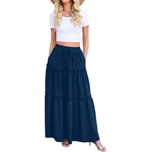 WEACZZY Womens Casual High Waisted A-Line Maxi Skirts Trendy Flowy Layered Pleated Long Skirt with Pockets