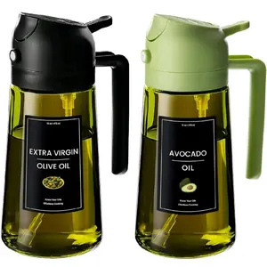 Heavy-Duty Glass Olive Oil Dispenser & Cooking Sprayer with Automatic Flip Cap Spill-Proof One-Touch Operation Non-PVC for Kitchen BBQ Salad Dressing Soup Elegant Black Green Clear Ideal for Home Commercial Use Easy-Pour Spout