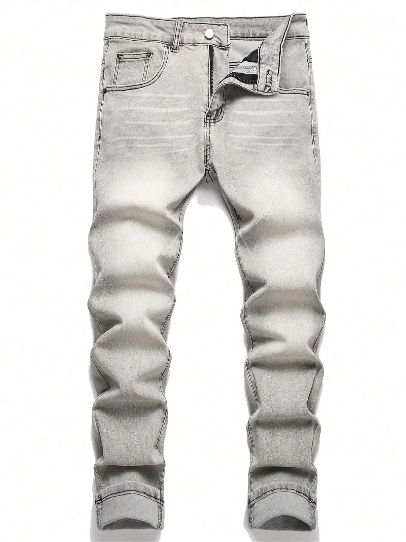 Men's Solid Color Skinny, Casual Comfy Denim Pants Light Wash Fitted Button Jeans for Daily Wear, Fashion Men's Bottoms for All Seasons, Cotton