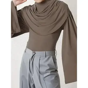 Knitwear Men's Turtleneck Knit Shirt - Long Sleeve Pleated Detail, Polyester, Solid Color, Spring/Autumn
