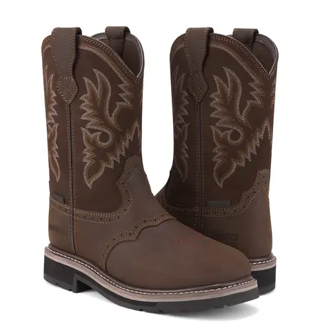 【SummerFinds】NINGO Men's Full Grain Steel Toe Light Brown Western Cowboy Work Boots - Rubber Sole, Breathable, All Seasons, Goodyear Welt, Waterproof, Oil-Resistant, Pull-On with Pull Tabs for Farm, Ranch, Warehouse Use