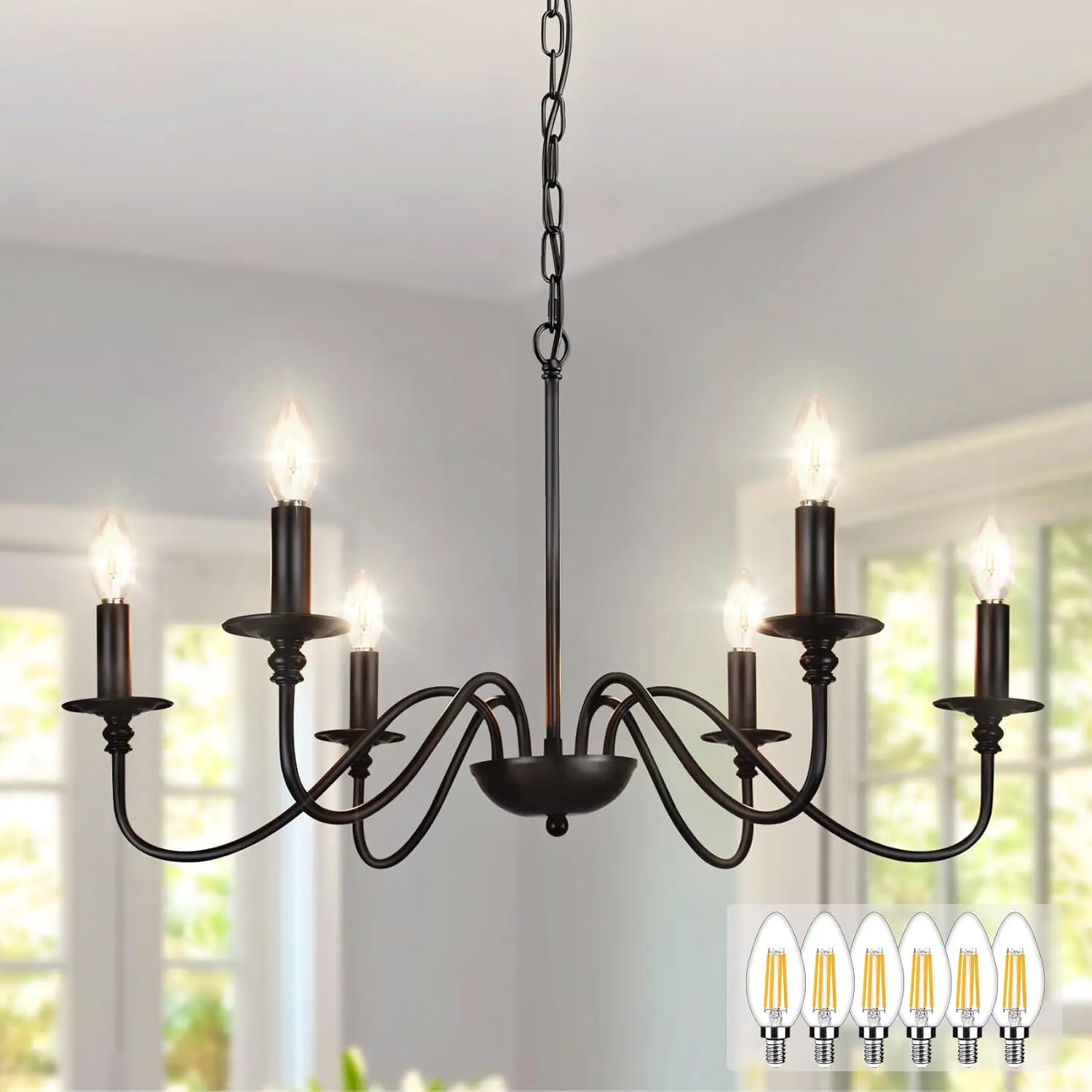 Farmhouse Chandelier for Dining Room: 6-Light Black Industrial Kitchen  Pendant Light Fixture with 6 E12 Bulbs - Rustic Candle Chandeliers  Modern Hanging Ceiling Lamp for Bedroom