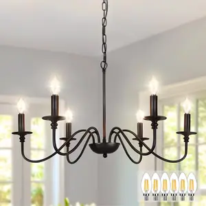 Farmhouse Chandelier for Dining Room: 6-Light Black Industrial Kitchen  Pendant Light Fixture with 6 E12 Bulbs - Rustic Candle Chandeliers  Modern Hanging Ceiling Lamp for Bedroom