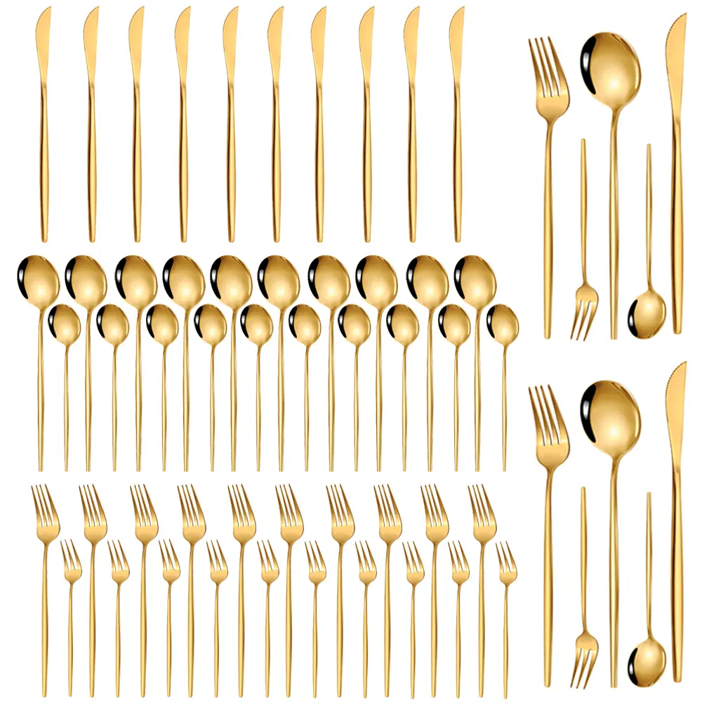 Stylish 12-Person 60-Piece Glossy Gold Stainless Steel Tableware Set - European Minimalist Slender Handles, Plastic-Free, Corrosion-Resistant, Dishwasher Safe, Adult-Friendly for Summer Parties, Housewarming Events