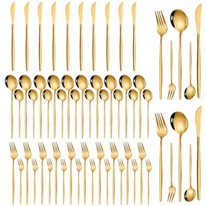 60-Piece Gold Stainless Steel Flatware Set (Service for 12) | European Minimalist Design with Slender Handles — Includes Knives, Forks, and Spoons — Dishwasher Safe — The Perfect Choice for Spring Brunches and Summer Garden Parties