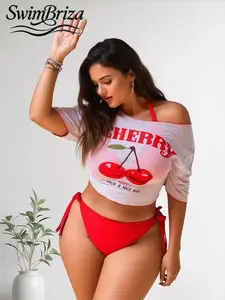 Briza｜Halter Bikini In Cherry Red With Graphic Swim Shirt, Bikini Sets That Work As A Two-Piece Swimsuit, Swimsuits 2 Piece Bathing Suit And Bathing Suits 2 Piece Set With Swimsuit Cover Up For Women, Vacation Swimwear For Women Beach Ready