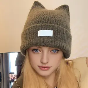 Cute Cat Ear Winter Beanie - Soft Elastic Women’s Hat, Warm & Casual Cat Ear Headwear for Daily Use