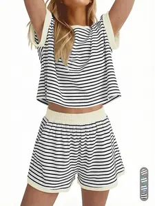 Women's Striped Knitted Short Sleeve Tee & Shorts Set, Comfortable Leisure Wear for Daily Use, Stylish Ladies' Options