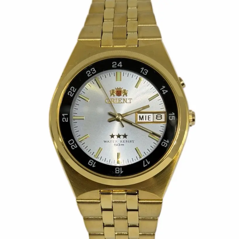 Orient 3 Star Crystal Automatic Men's Watch - 21 Jewels Gold Stainless Steel Black & silver Dial Day-Date Model