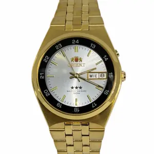 Orient 3 Star Crystal Automatic Men's Watch - 21 Jewels Gold Stainless Steel Black & silver Dial Day-Date Model