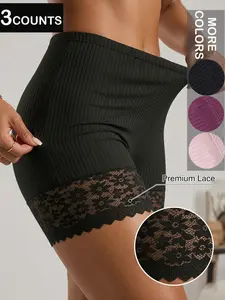 Women's High-Waisted Ribbed Fitted Underwear Set, Solid Ribbed Shorts, Lace Trim Feminine Fashion Design, Lightweight Breathable Comfort, Ideal for Daily Wear & Sports