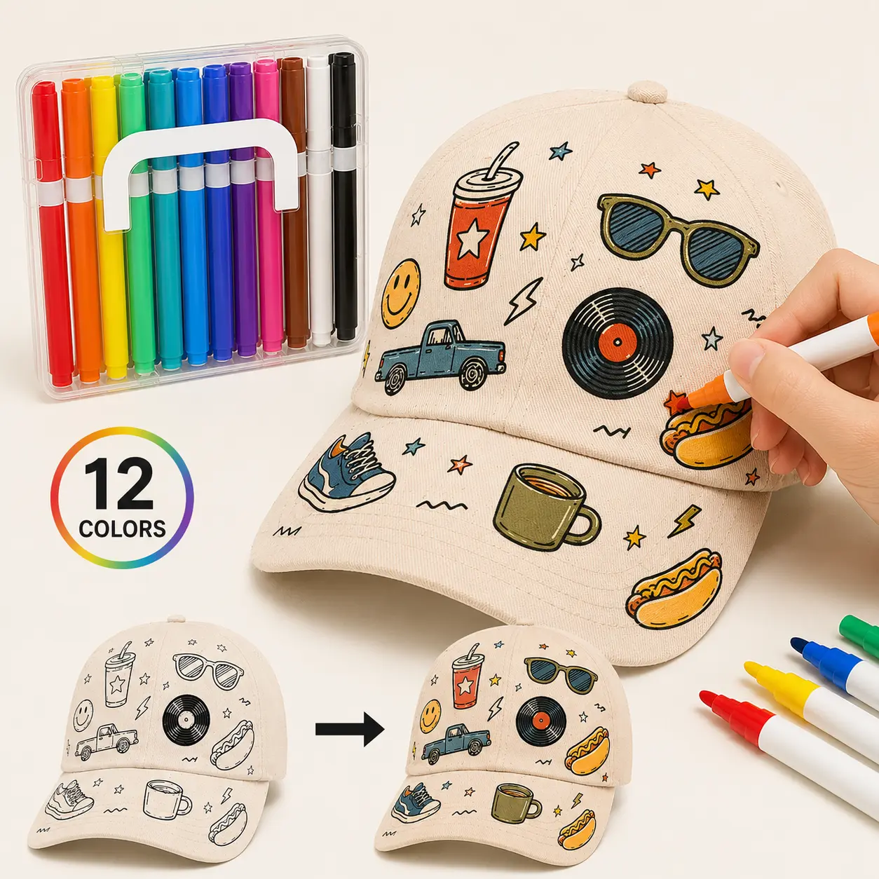 DIY Doodle Baseball Cap Coloring Kit with 12 Fabric Markers, Pre-Printed Color Your Own Hat for Kids, Teens and Adults, Adjustable Creative Craft Cap Set for Birthday Gifts, Party Activities, Travel and Everyday Wear cooling