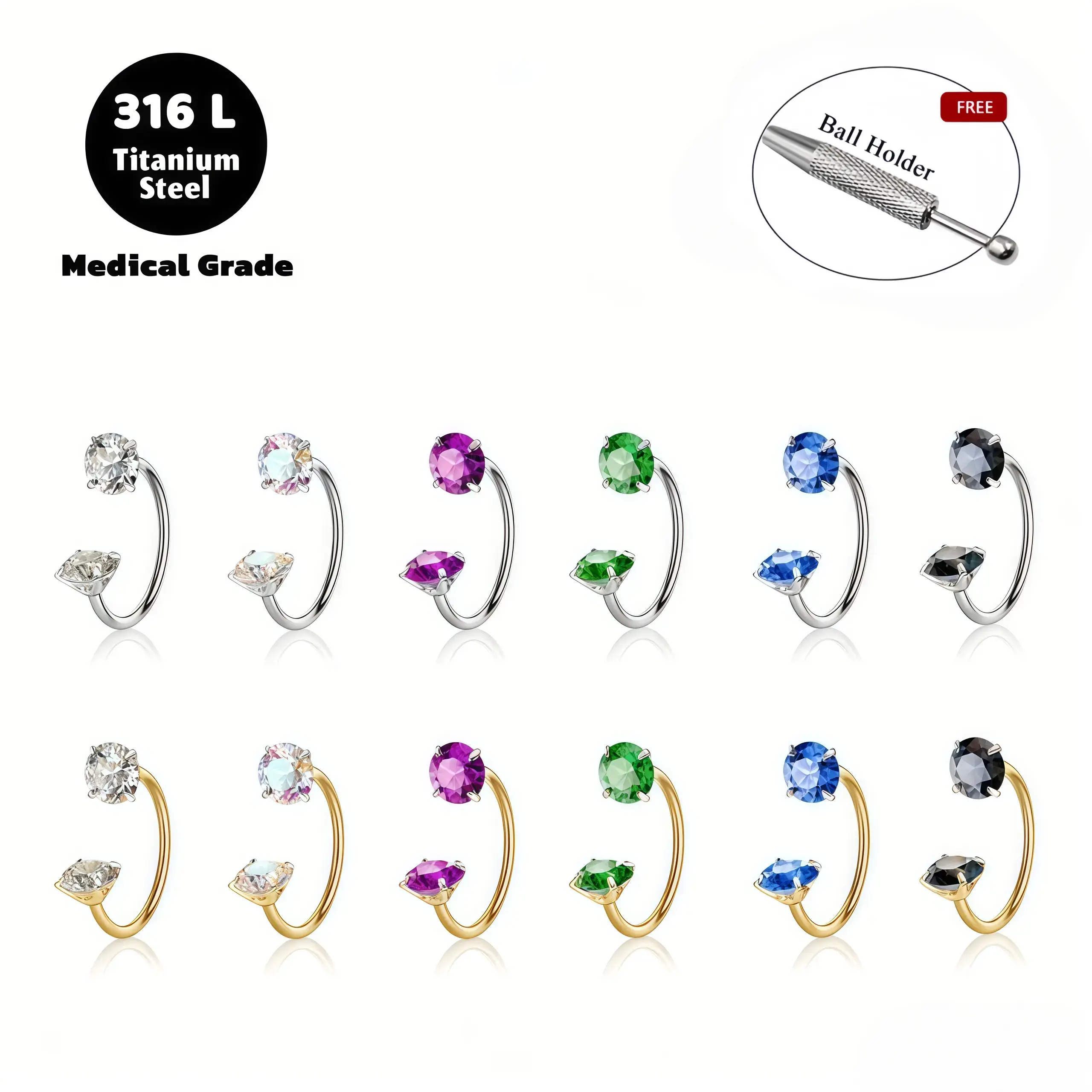 6pcs Value Pack 316L Titanium Steel 18G 1.0mm Internally Threaded Gems Horseshoe Hoop Nose Rings, Nose Piercing Jewelry with Free Ball Holder & Guiding Tube #summervibes