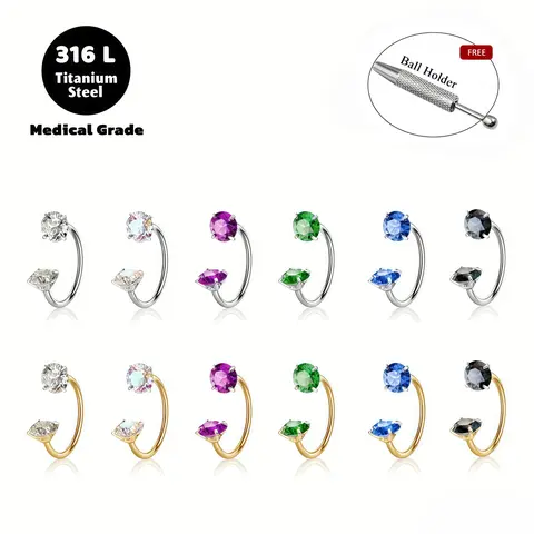 Unisex 6-Piece 316L Titanium Steel Nose Rings - 18G 8mm Internally Threaded Gem Horseshoe Hoops with Free Ball Holder, 6pcs-(clear+aurora+blue+midnight+green+purple), Nose Piercings Jewelry for Daily Use, Back to School Fashion Accessories