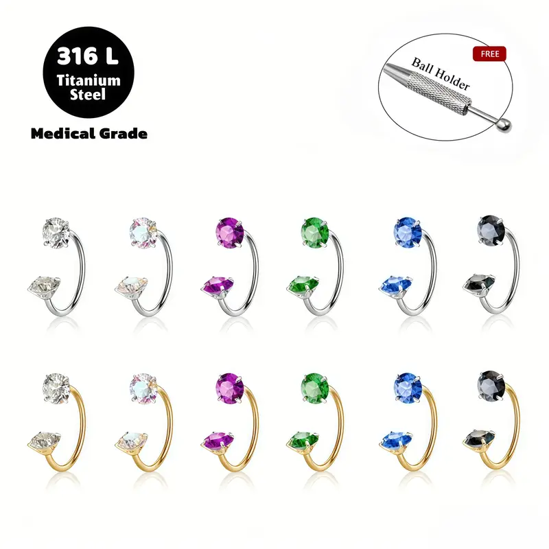 Unisex 6-Piece 316L Titanium Steel Nose Rings - 18G 8mm Internally Threaded Gem Horseshoe Hoops with Free Ball Holder, 6pcs-(clear+aurora+blue+midnight+green+purple), Nose Piercings Jewelry for Daily Use, Back to School Fashion Accessories