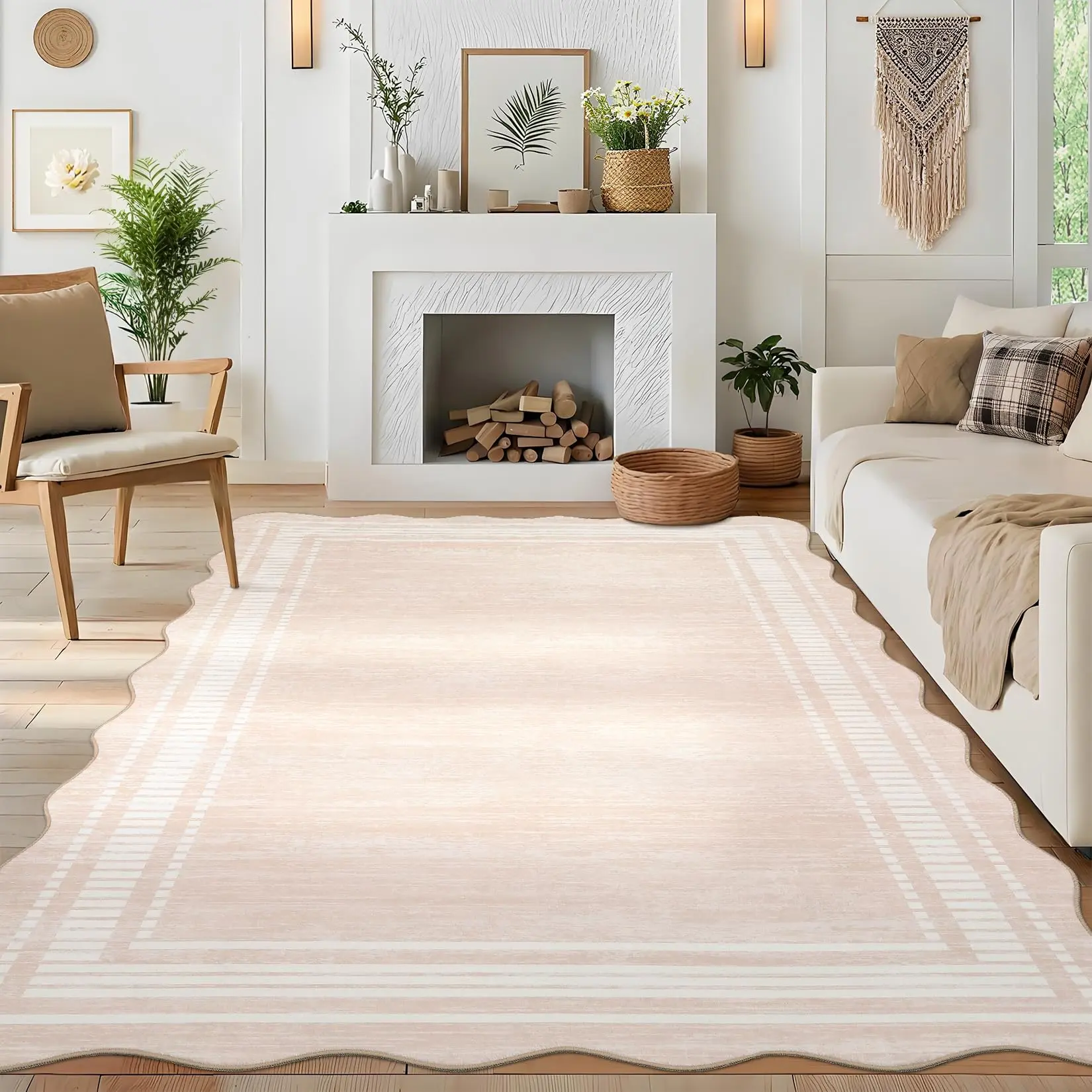 Modern Scalloped Rug 9x12 Washable Rugs for Living Room, Non-Slip Non-Shedding Faux Wool Soft Carpet, Minimalist Solid Neutral Large Floor Mats for Home Office Decor, Natural Ivory