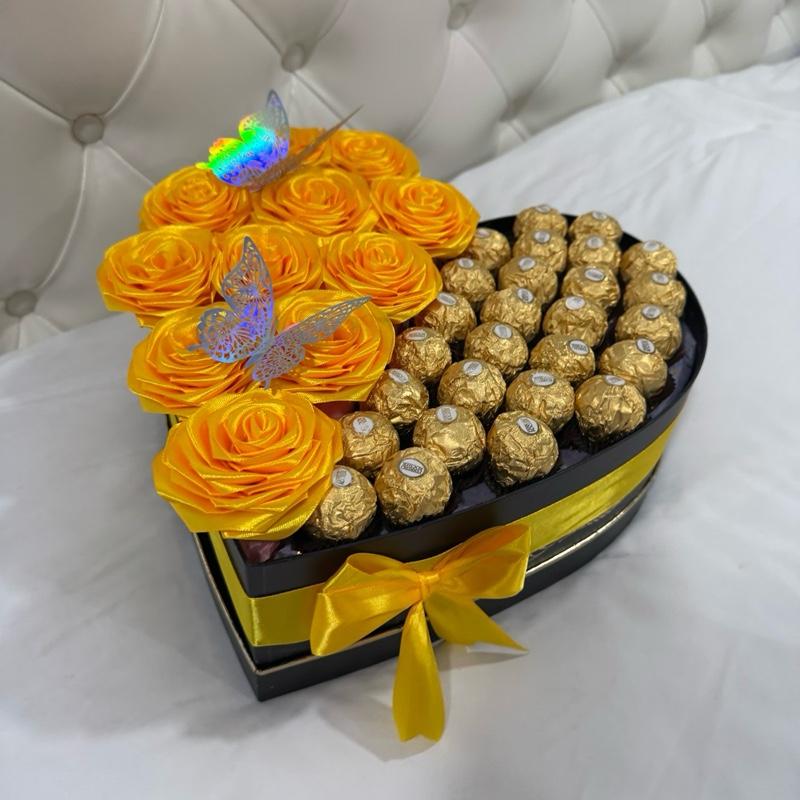 Luxury Heart Box with Ferrero - Yellow Roses, Gold Ferrero Chocolates, Butterfly Accents, Elegant Floral Design