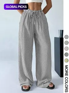 Women's Striped Print Drawstring Waist Pants, Casual Comfy Wide Leg Trousers for Daily Wear, Ladies Bottoms for All Seasons