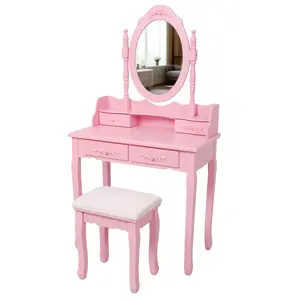 Pink Princess Wooden Makeup Vanity Desk Set – 360-Degree Rotating Makeup Vanity (29.5x15.8x55 in), with 360° Swivel Mirror, Cushioned Stool, 4 Drawers, Easy-Assembly Dressing Table for Girls' Bedrooms, 360-Degree Makeup Vanities, Rotating Makeup Vanities