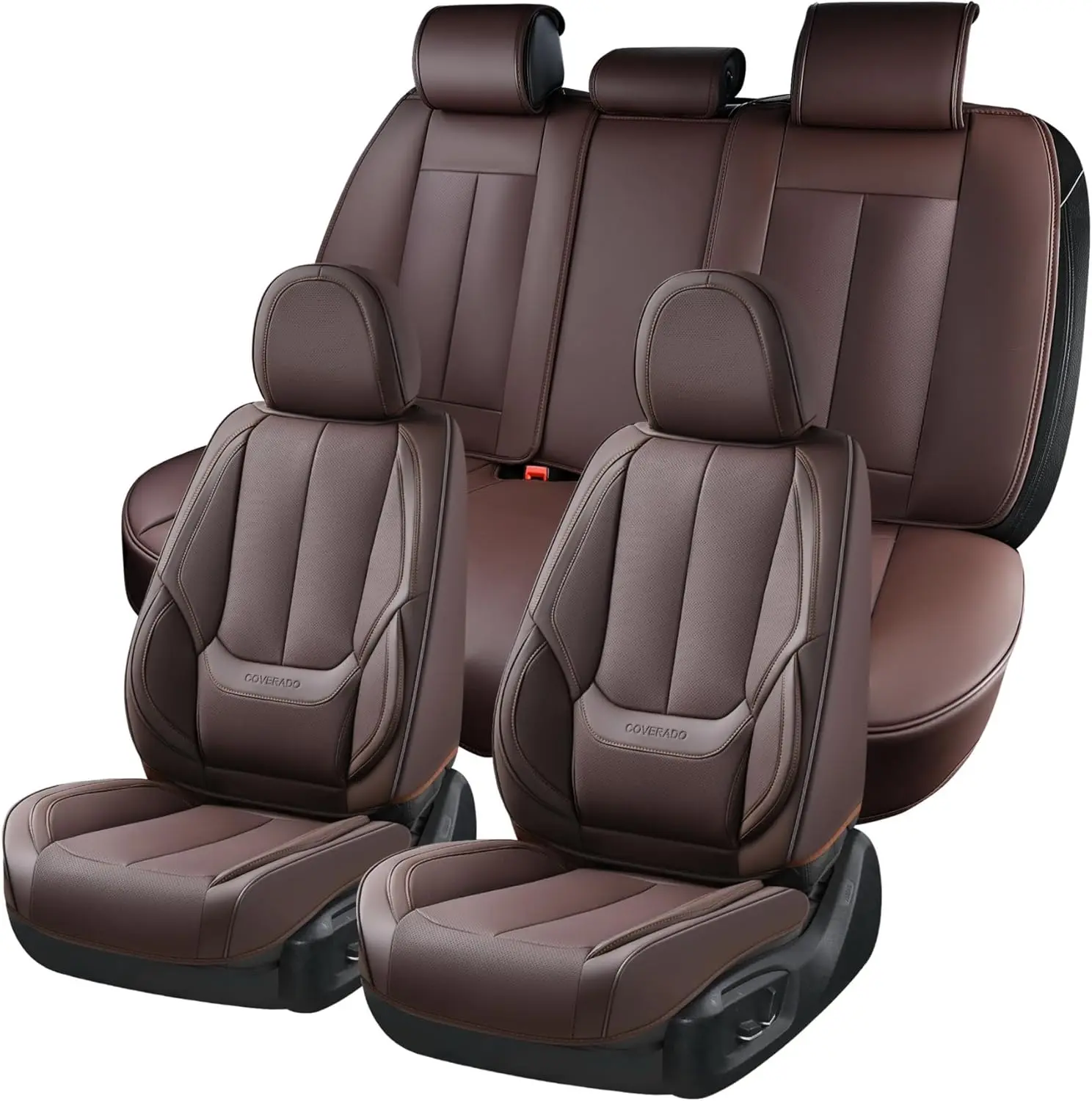 【Coverado】Car Seat Covers Full Set, Seat Covers for Cars, Car Seat Covers Front Seats and Back, Brown Car Seat Protector Waterproof, Nappa Leather Car Seat Cushion Fit for Most Cars 8805-5