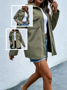 Plus Size Dark Green Waffle Knit Button Down Shirt Jacket – Casual Daily Wear, Soft Breathable Fabric