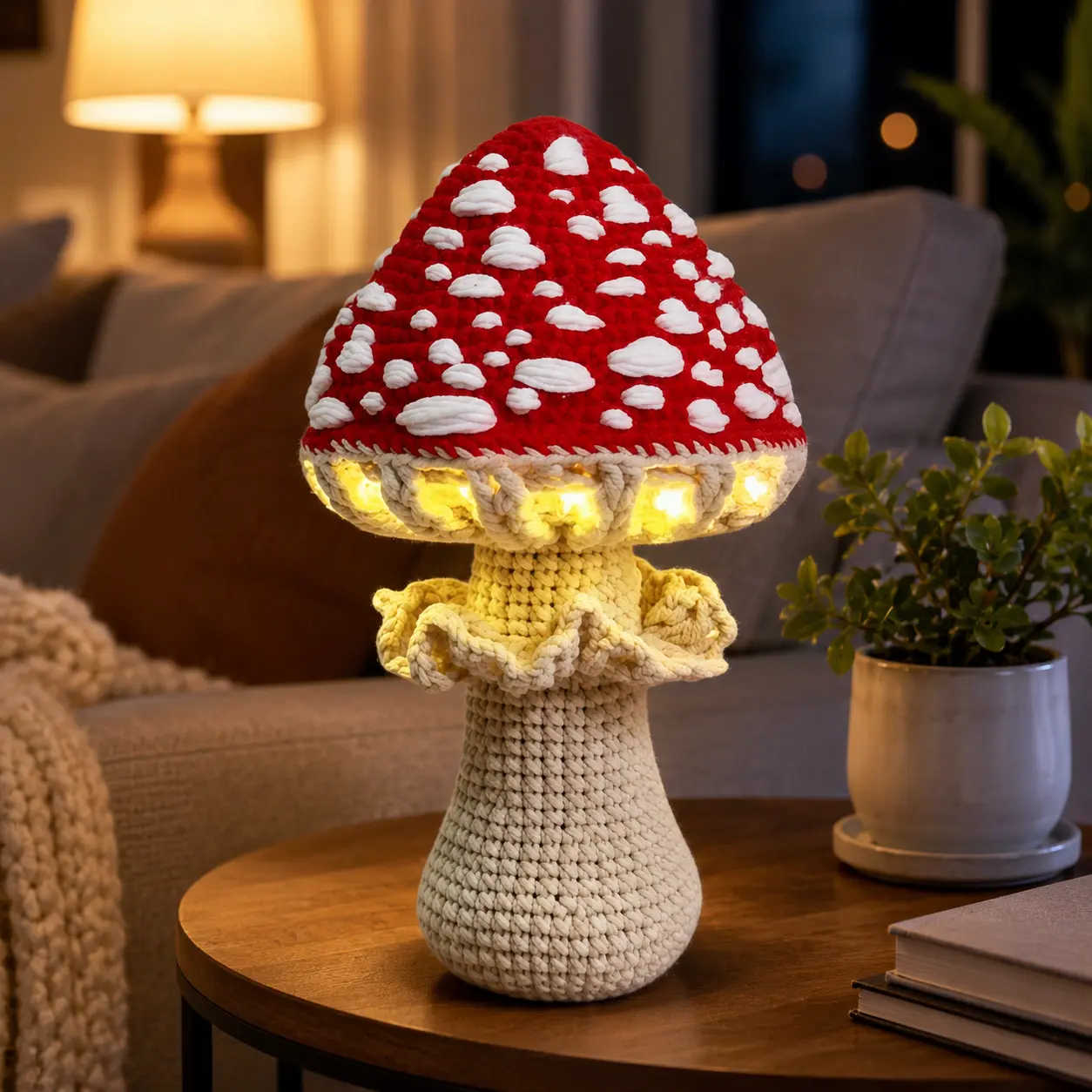 Handmade Crochet Mushroom Night Light, USB Powered Warm LED Bedside Lamp, Cute Fairycore Cottagecore Room Decor, Halloween Christmas Gift for Her