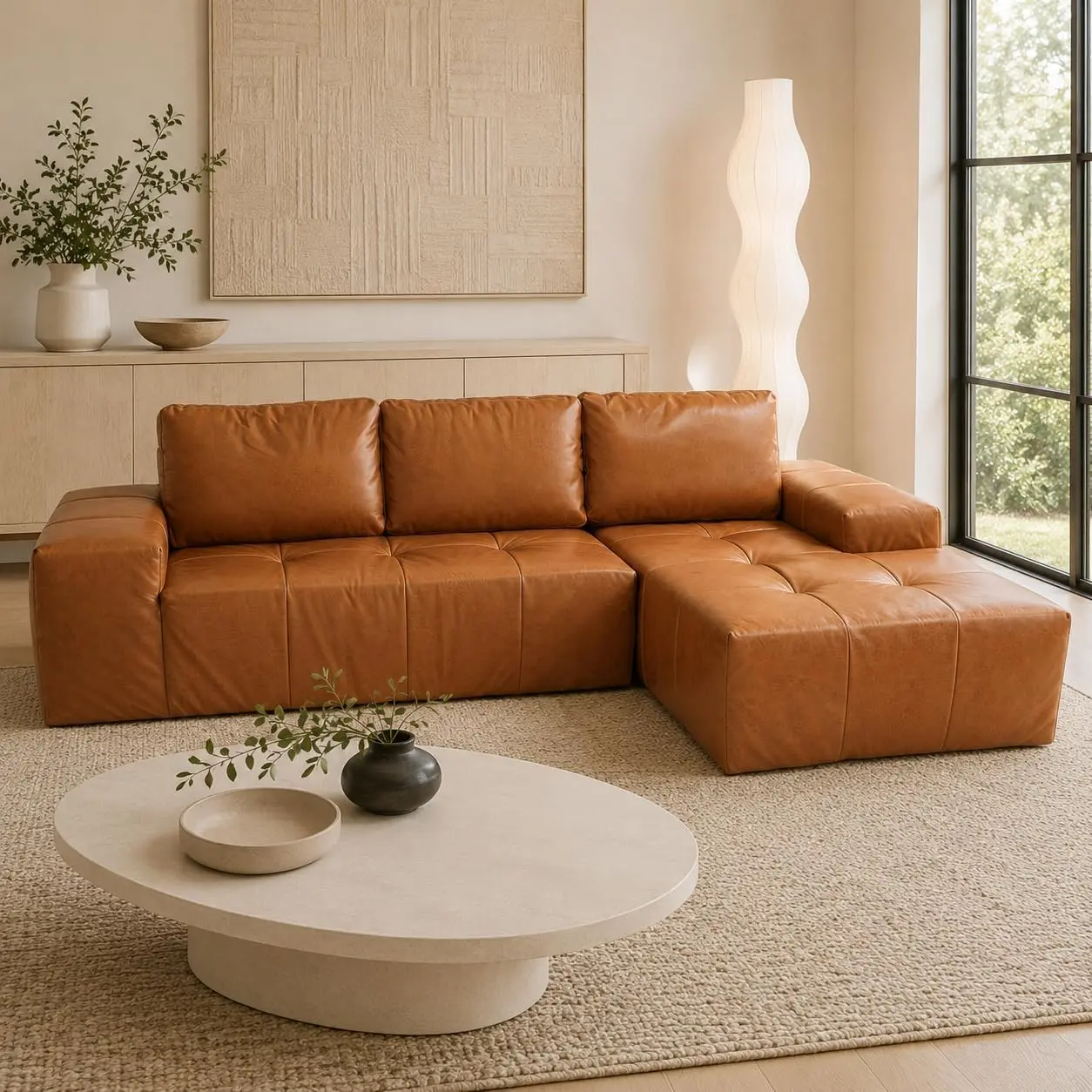 114" Leather Leather Couch with Comfy Chaise, Boneless L Shape Couch with Deep Seat, Minimalist Modular Boneless Sectional Couch for Living Room