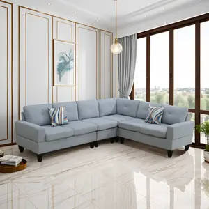 Grey Massa Calico Fabric 4-Piece Living Room Sofa Couch Set, Modern Sectional Conversation Set
