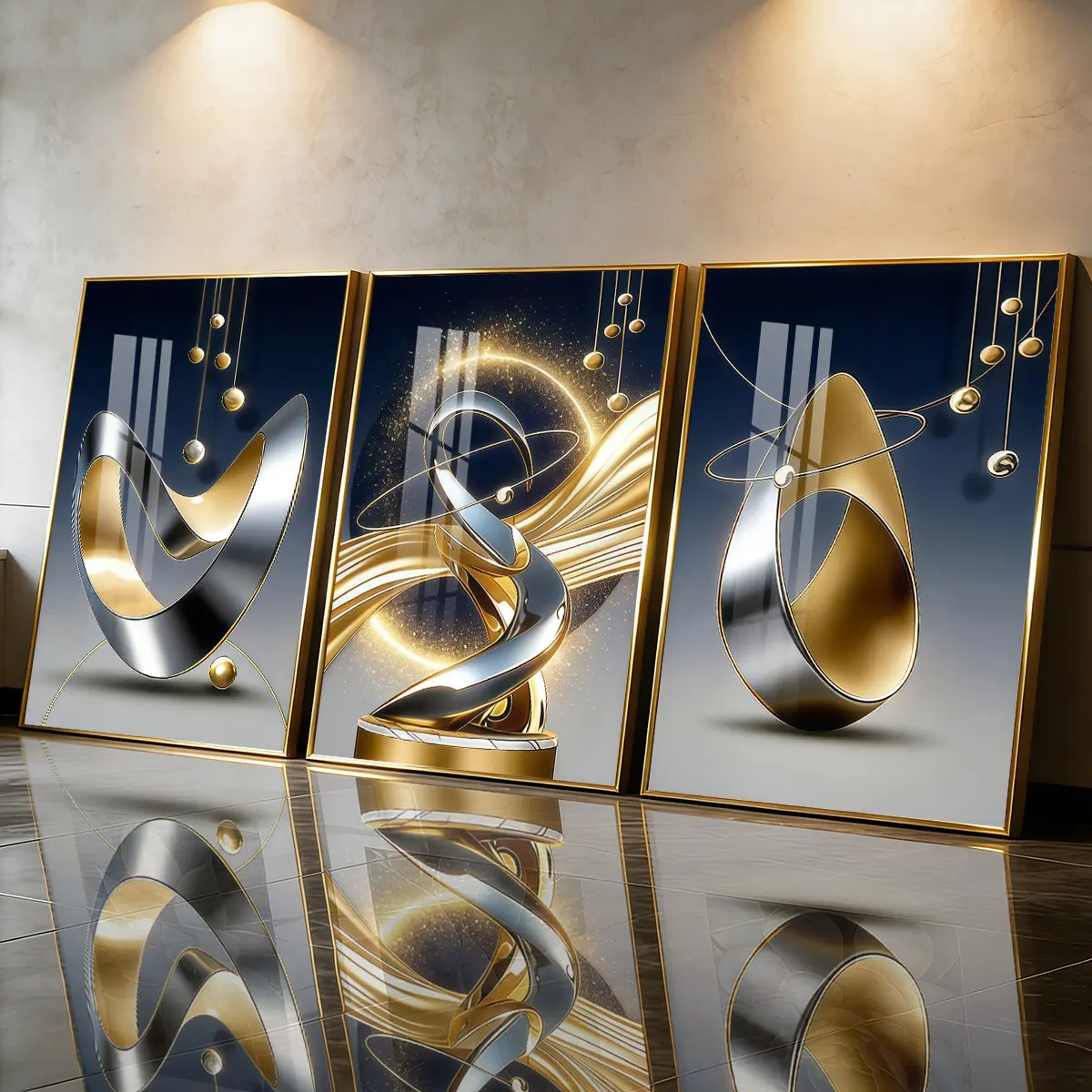 3Pcs Aluminum Alloy Framed Painting, Abstract Golden Silver Geometry Art Picture, Home Decoration For Living Room, Bedroom, OfficeWall Decor, Odorless Print Artwork, Luxury Perfect Gift For Friends And Family