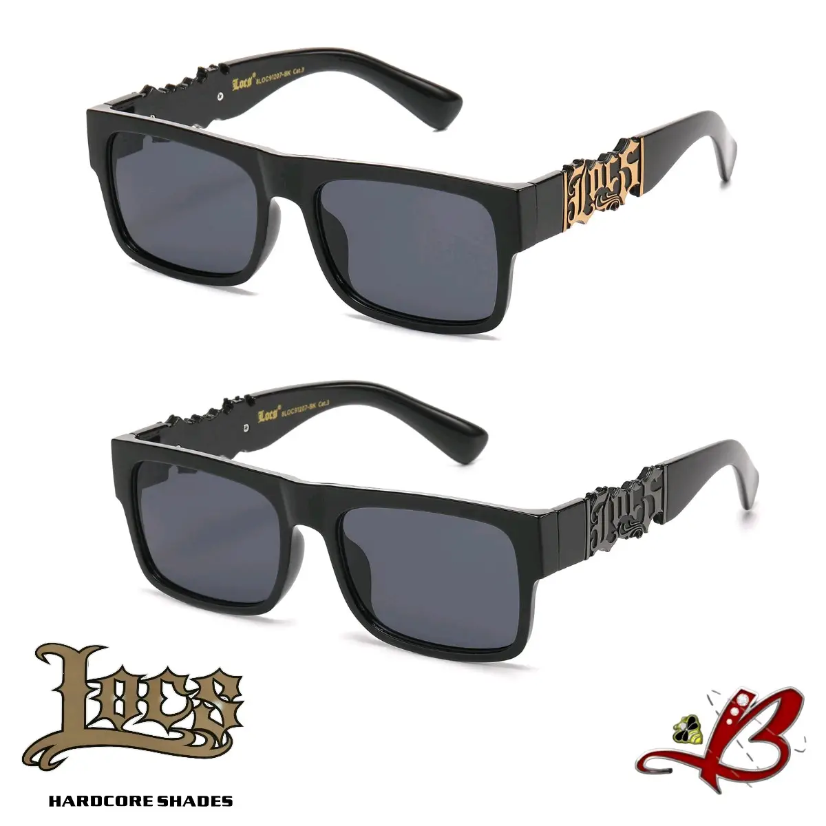LOCS Main Event Big Cutout Logo Black Glossy Gold/Gunmetal Metallic Adorned Retro Modern Full Frame Flat Top Dark Lens Shades Gangster Style Cholo Bik