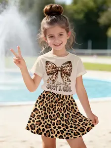 Summer Girls' Leopard Bow Print Short Sleeve T-Shirt and Skirt Set, Casual Fitted Two-Piece, Comfortable for Daily Wear