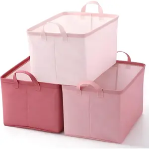 Wonderjune 3 Pcs Large Storage Bins 15.35x8.27x10.63 Inch Foldable Baskets for Organizing Rectangle Storage Bin Organizer Box with Handle for Home Room Shelves Closet Organization(Pink Color)