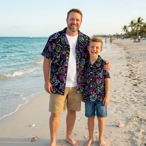 Gengar Hawaiian Shirt Tropical Button Up Shirt Summer Beach Short Neon Ghost Pattern Matching Set Unisex Outfit Gengar Shirt Gifts