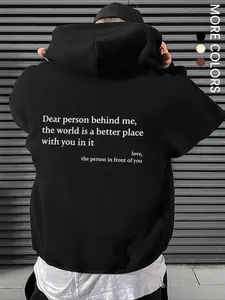 Men's Letter Print Pocket Drawstring Graphic Knit Fitted Hoodie, Casual Soft Drop Shoulder Long Sleeves Hooded Sweatshirt Pullover Tops, Lazy School Streetwear Outfit, Going out Outfits, Spring Fall Menswear