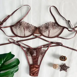 Mossy Label High-End Floral Embroidered Underwire Bra Set, Women's Mesh Unlined Bra + Panties