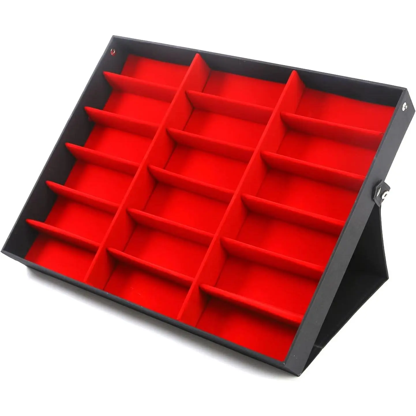 18-Slot Multifunctional Universal Eyewear Organizer Display Case - Modern Tabletop Home Supplies Stand with Button Closure, Soft Silk Lining for Storing Glasses, Jewelry, Watches (Black)
