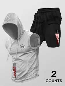 Two-Piece Set Men's Flag Print Hooded Tank Top & Drawstring Waist Shorts, Regular Fit Sleeveless Top & Track Shorts, Casual Summer Clothes Set for Outdoor