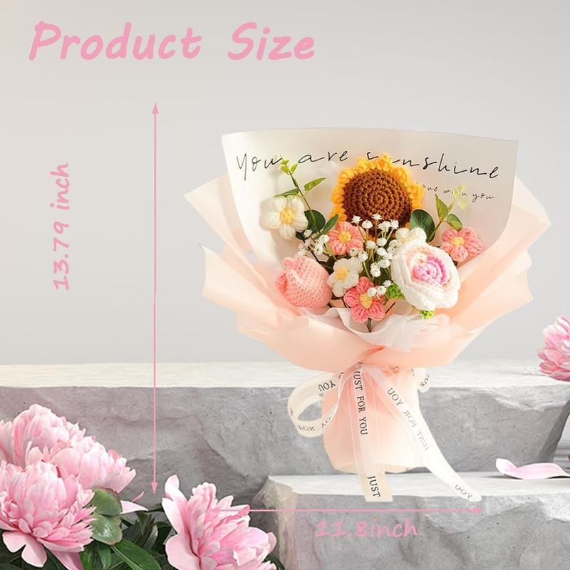 Crochet Flower Sunflower & Rose Bouquet Handmade Artificial Flower Knitted Bouquet for Festival Wedding Graduation Anniversary (Pink)