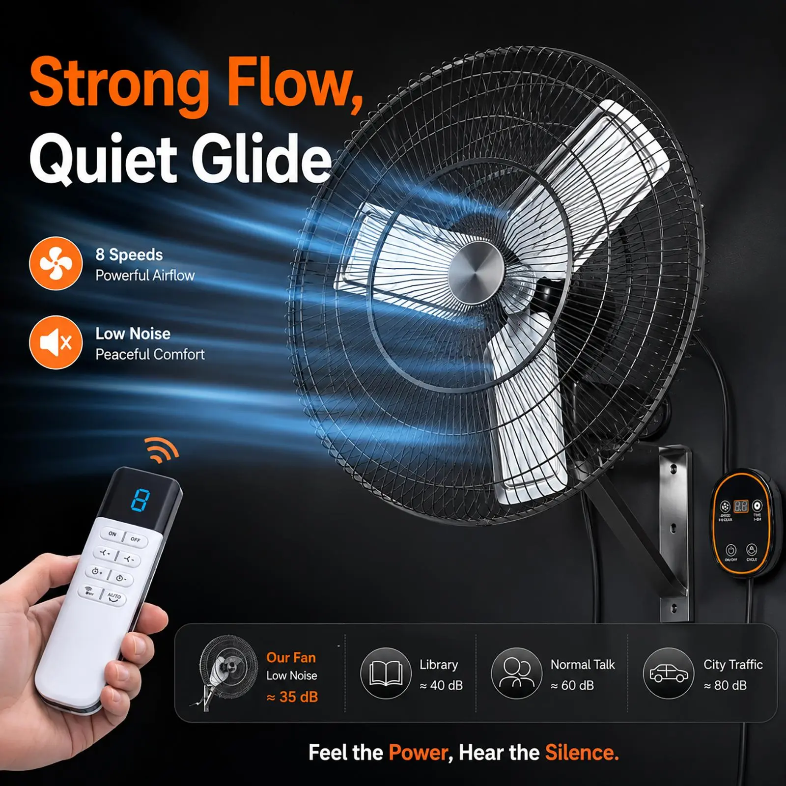 Industrial Wall Mount Fan with Remote Control, DC Motor, 24/30 Inch, 8 Speeds, 8690 CFM High Velocity, Oscillating Shop Fan with Timer for Gym, Patio,Garage, Outdoor Construction Fan