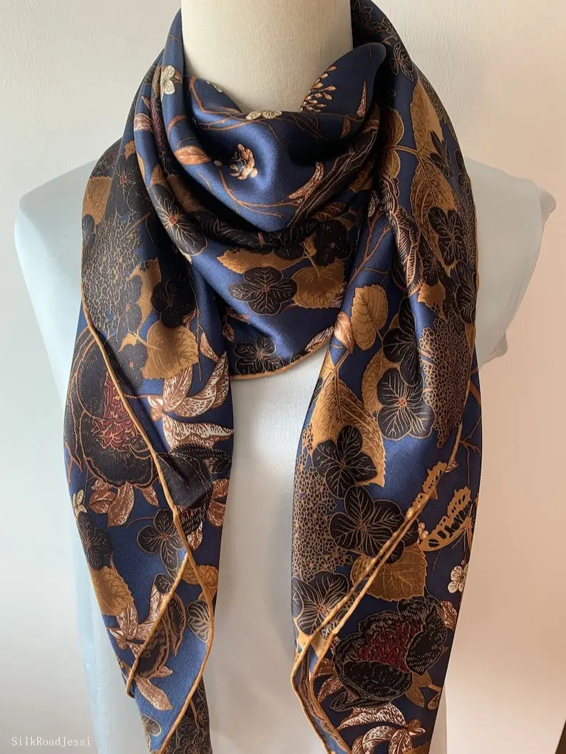 Mulberry Silk Scarf: Floral Birds Print, Navy & Rose Gold (43" Square)