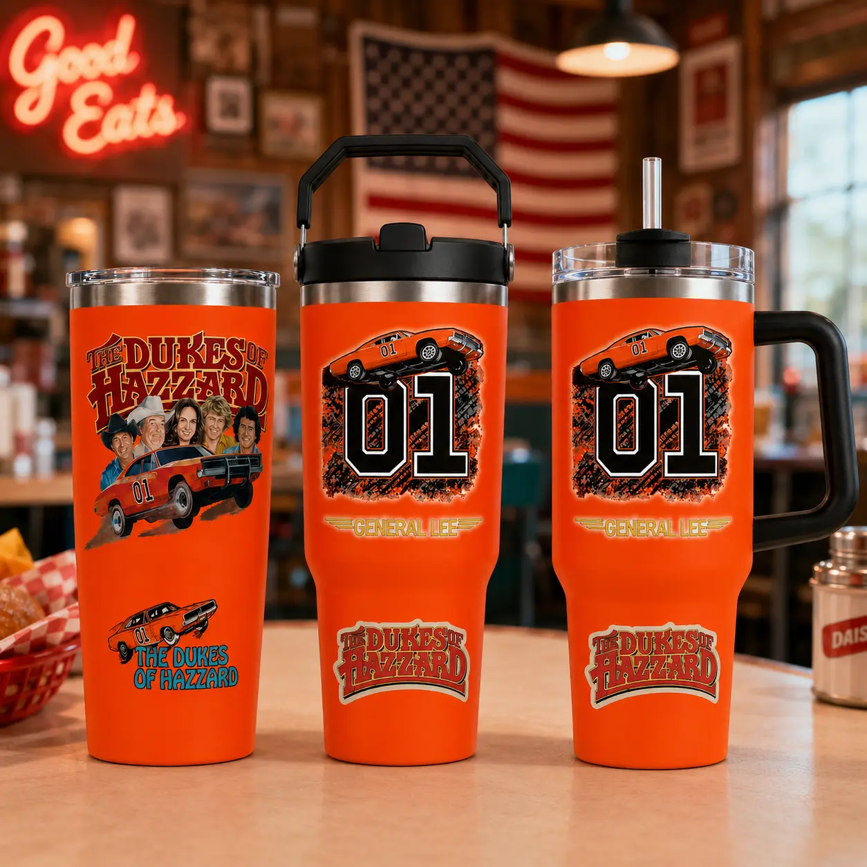 The Dkes 0f Hazz@rd General Lee 01 Tumbler 30oz 40oz With Handle, Orange Classic TV Show Fan Cup With Retro Car Cast Graphic, Vintage Americana Gift, Not Including The Straw Drinkware Water Bottles