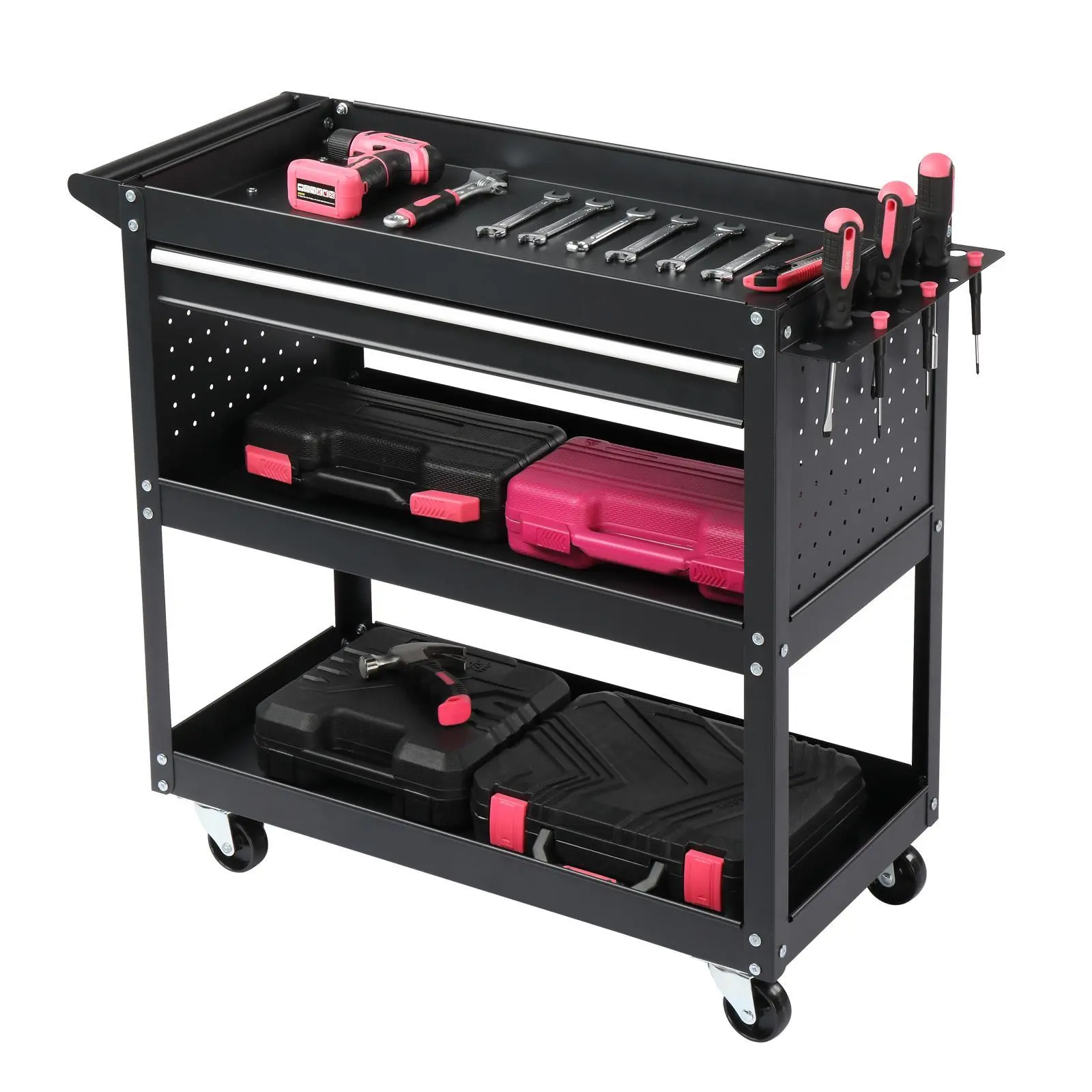 【Summervibes】3-Tier Rolling Tool Cart, Metal Heavy Duty Utility Cart on Wheels with Pegboard & Drawer & 4 Hooks, 330 lb Load Large Storage Capability Tool Cart for Garage Warehouse Repair Shop, Black