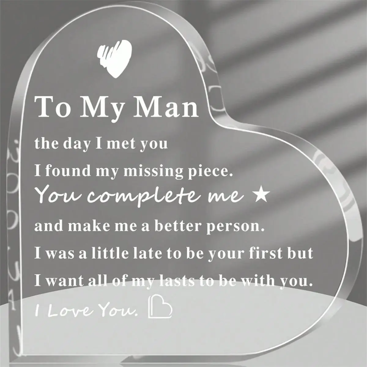 To My Man Gift, 1 Count Letter Pattern Clear Acrylic Heart Shape Keepsake, Birthday Gifts for Boyfriend & Husband, Desktop Ornament for Home & Office