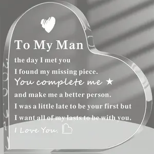 To My Man Gift, 1 Count Letter Pattern Acrylic Heart Shape Keepsake, Birthday Gifts for Boyfriend & Husband, Desktop Ornament for Home & Office